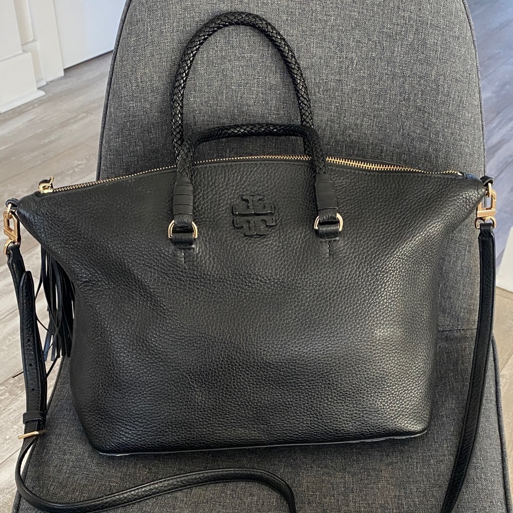 Tory Burch Black Leather Tote with Gold Accents
